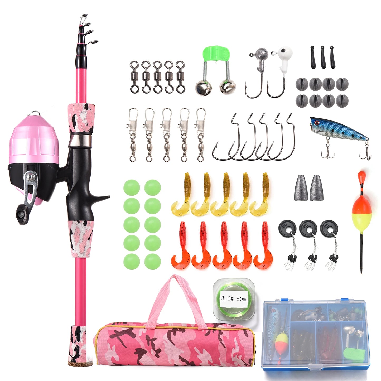 Canne à pêche Enfant Combo — kit 1,2 ou 1,5 m, rose ou bleu