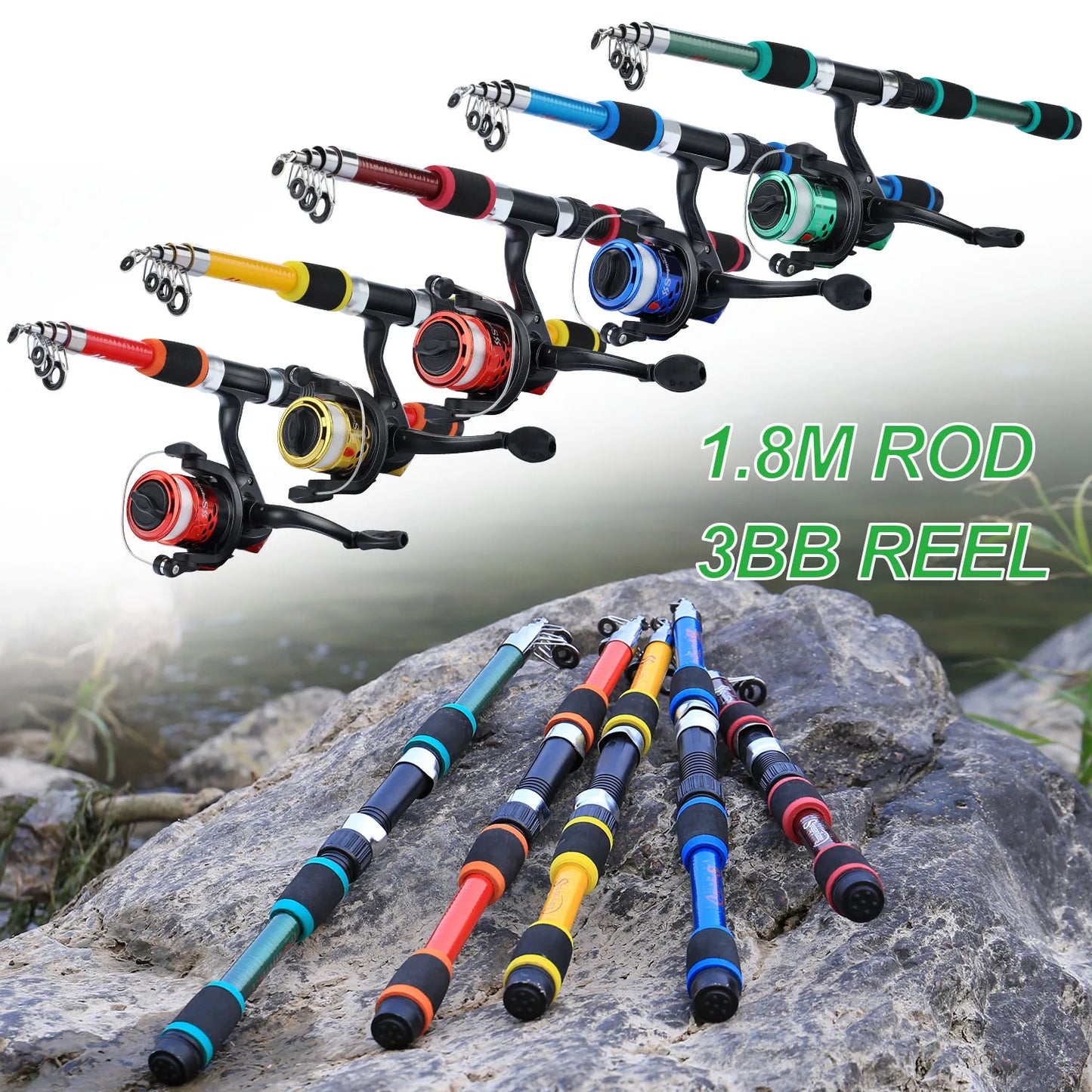 Canne à pêche Spinning Compacte — 1,8 m, combo moulinet