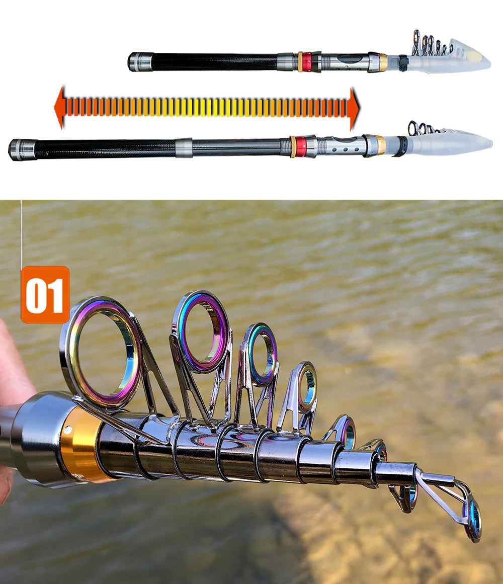 Canne à pêche Télescopique Carbone — 1,8 à 3,6 m, combo moulinet