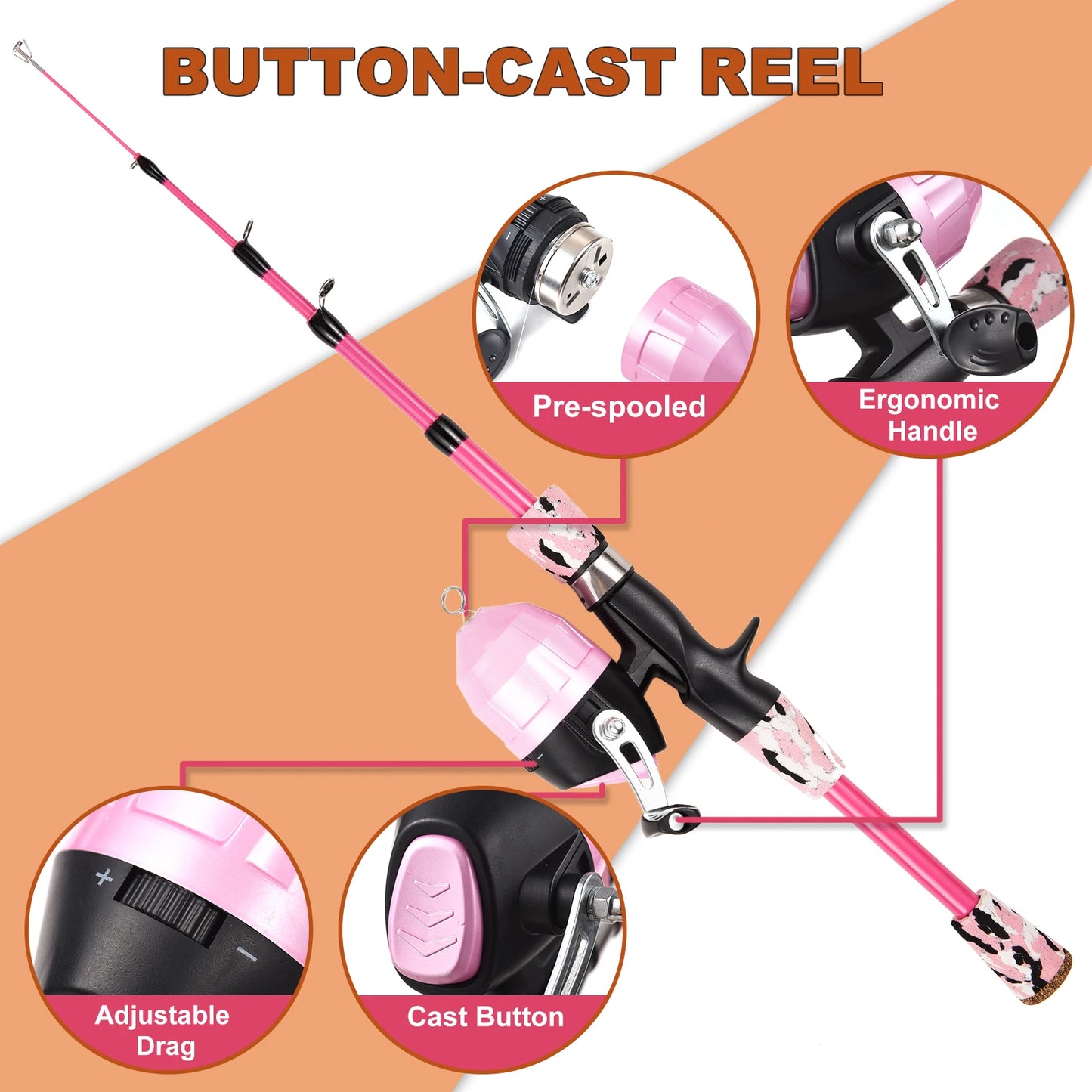 Canne à pêche Enfant Combo — kit 1,2 ou 1,5 m, rose ou bleu