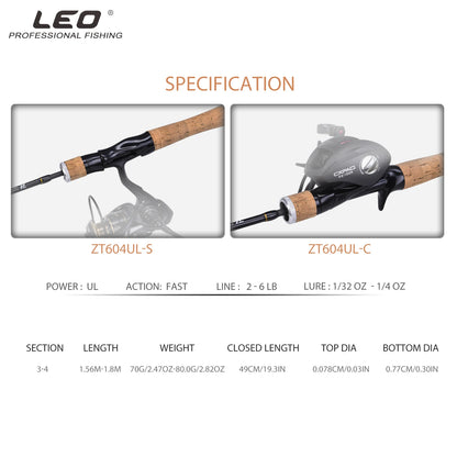 Canne LEOFISHING UL Carbon — bait finesse, 1,56 à 1,8 m