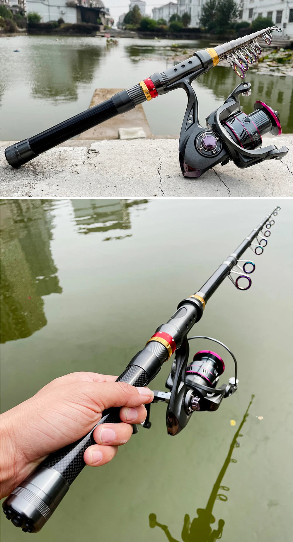 Canne à pêche Télescopique Carbone — 1,8 à 3,6 m, combo moulinet