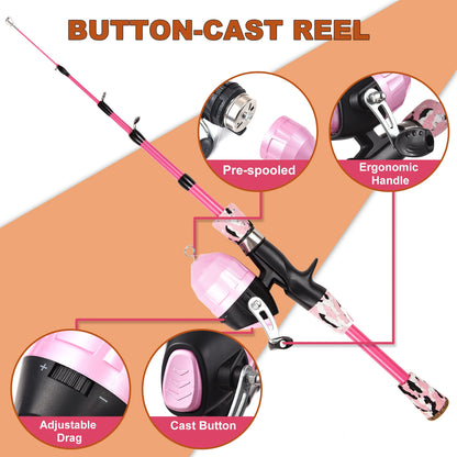 Canne à pêche Enfant Combo — kit 1,2 ou 1,5 m, rose ou bleu